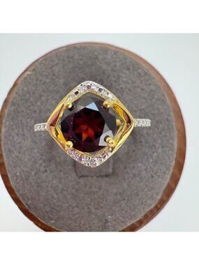 PAJ Garnet & CZ Gold Plated Sterling Silver 925 Halo Ring Statement Ring Sz 6